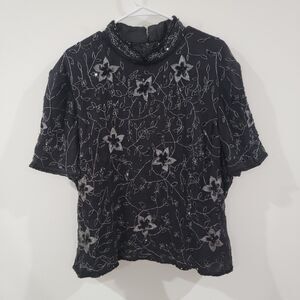 Papell Boutique Evening Womens Top Size 3X Silk Beaded Floral Black Luxury Glam